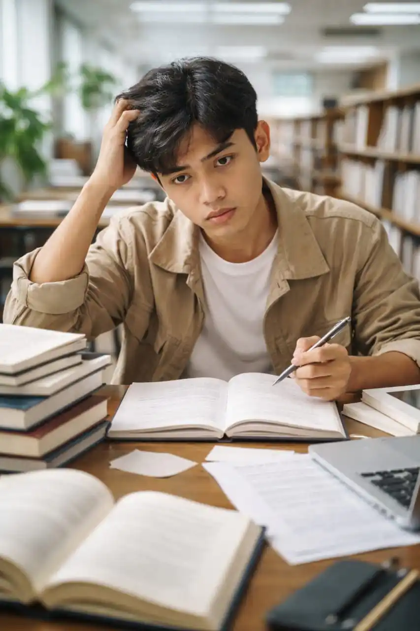Mahasiswa menyusun skripsi dengan laptop dan buku referensi