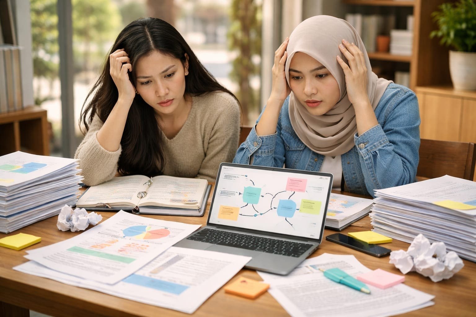 Mahasiswa berdiskusi skripsi dengan dosen pembimbing