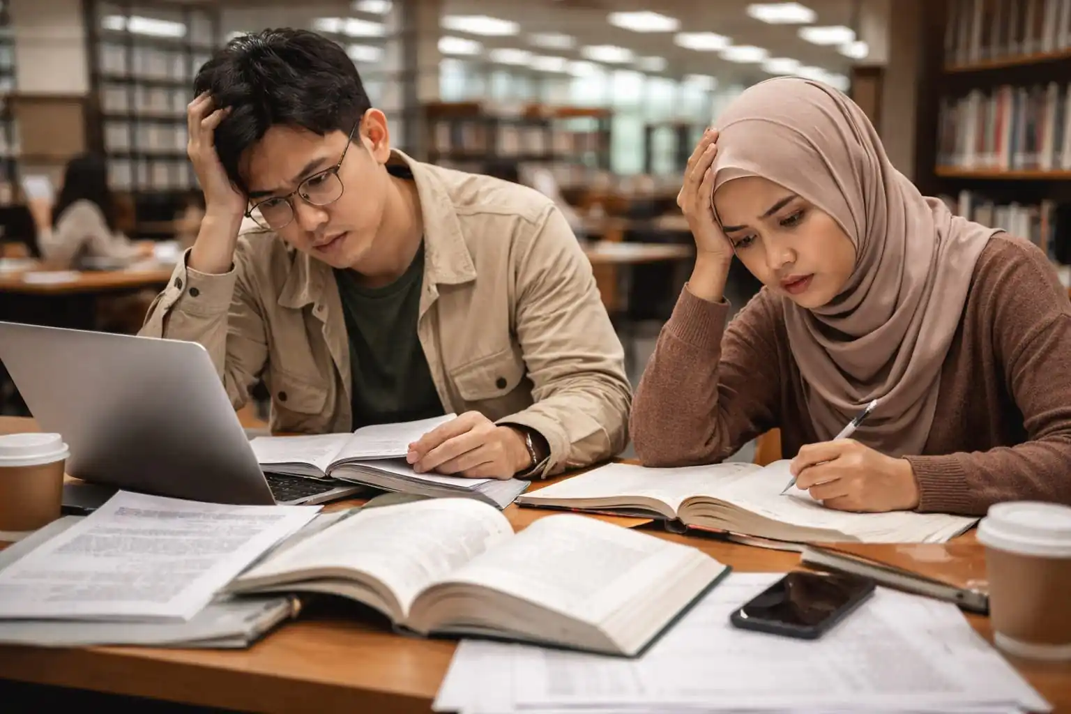 Mahasiswa pascasarjana menyusun tesis di depan laptop