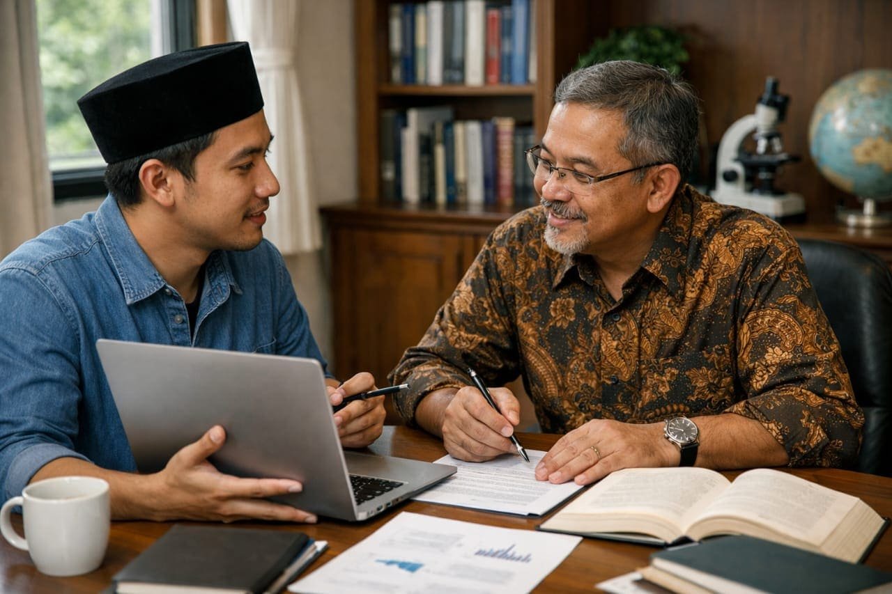 Mahasiswa menyusun proposal tesis dengan laptop dan jurnal